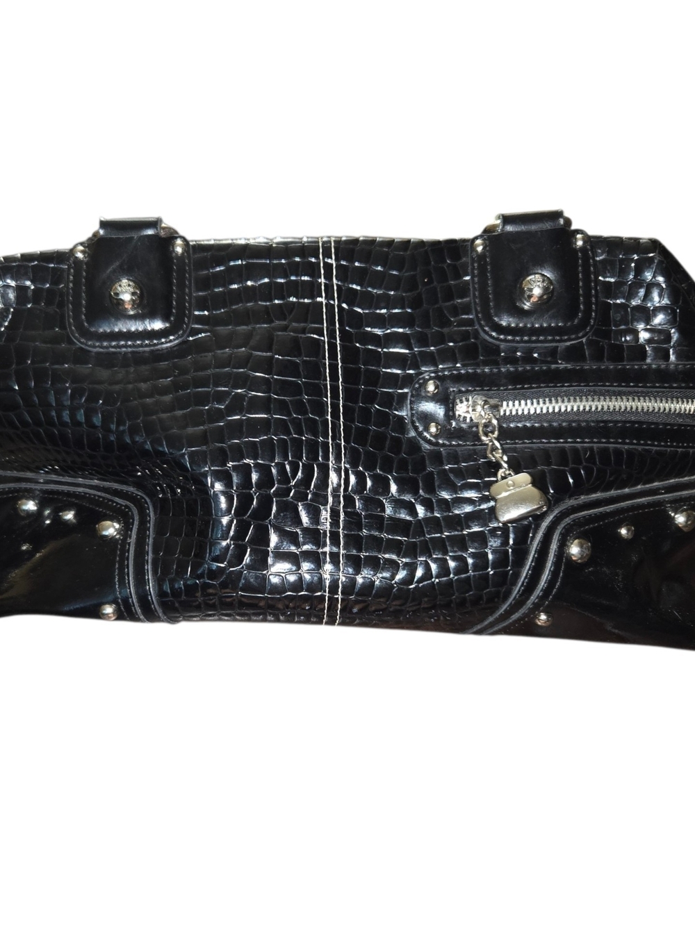 Kathy Van Zeeland Black Croc-Embossed Shoulder Bag with Silver Accents